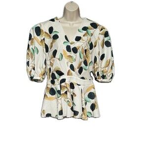 NWOUT PatBO Fruta Print Wrap Blouse Size L Wrap Blouse Fruit Print Hem V-neck